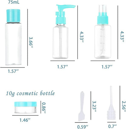 Vitog Travel Bottles Kit, TSA Approved Leak Proof Portable Toiletry Containers Set, Clear flight size PET Cosmetic Containers for Lotion, Shampoo, Cream, Soap, Set of 11 (Blue+Plastic)