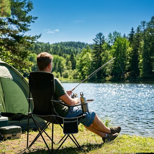 Romswi Lightweight 2Pcs Camping Chairs for Adults, Folding Lawn Chair with 4-Can Cooler Bag, Cup Holder,Collapsible Portable Outdoor Chair for Tailgating, Beach, Fishing,Black