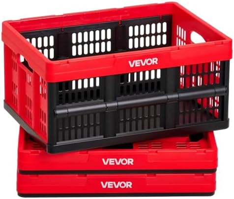 VEVOR Plastic Collapsible Storage Bins, 32L 3 Packs, Stackable Folding Storage Crates with Handles, Holds 26 lbs Per Bin, Foldable Heavy Duty Containers, Space-Saving Baskets, for Home Organizing
