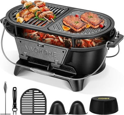 VIVOHOME Oval Cast Iron Grill with Interchangeable Grates & Griddle