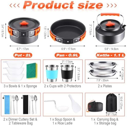 Soulchen 25 Pcs Camping Cookware Mess Kit Camping Pots and Pans Set with 2 Set Stainless Steel Cups Plates Forks Knives Spoons for Camping, Backpacking, Outdoor Cooking and Picnic