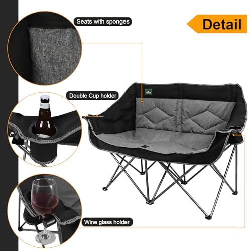 Northroad Folding Loveseat Camping Chair Portable Double Duo Full Padded Garden Chair for 2 Person Sofa w/ 2 Cup Holder,Wine Glass Holder,Mesh Storage,Support 500lbs for Picnic Beach Travel