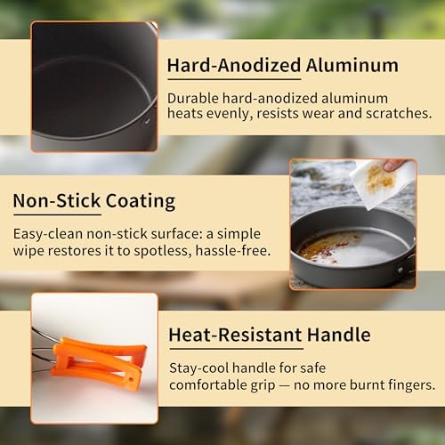 Collapsible Camping Cookware Set, Portable 4-in-1 Outdoor Camping pots and Pans Set with Nonstick Frypan, Pot, Kettle & Carry Bag, Hard-Anodized Aluminum for Camping, Hiking (2-6 Person)