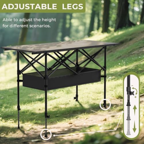 4FT Folding Camping Table,Portable Roll-up Picnic Table with Carry Bag & Mesh Storage,Lightweight Camp Table for Camping,Picnic,Backyard,Party,Patio,BBQ