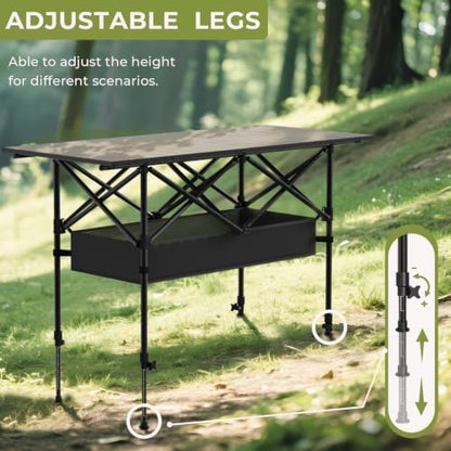 4FT Folding Camping Table,Portable Roll-up Picnic Table with Carry Bag & Mesh Storage,Lightweight Camp Table for Camping,Picnic,Backyard,Party,Patio,BBQ