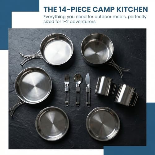 14-Piece Camping Cookware Set, 304 Stainless Steel Pots and Pans