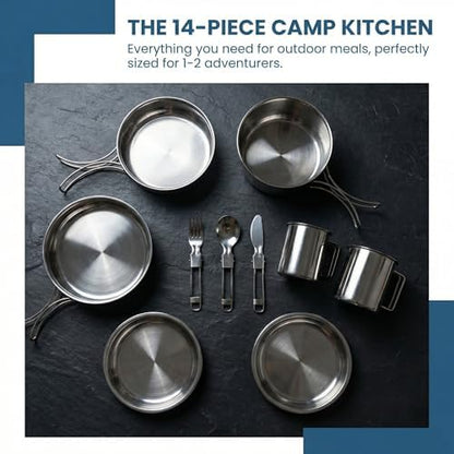 14-Piece Camping Cookware Set, 304 Stainless Steel Pots and Pans
