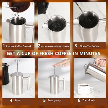 French Press 34 OZ, Durable Stainless Steel French Press Coffee Maker