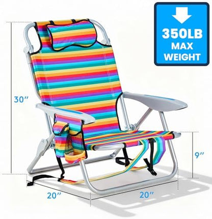 2 Pack Lightweight Portable Camping Beach Chair for Adults, Outdoor Lay Flat Folding Beach Chairs with 5 Positions, Backpack Beach Chair with Towel Bar, Zipper Pouch, Rainbow Striped