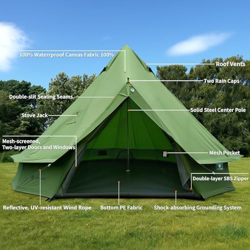 Canvas Bell Yurt Tent with Stove Jack, Waterproof Luxury 4 Season Tents for Family Outdoor Camping 100% Cotton Green Glamping Tents for Hunting, Partie, All Year Living
