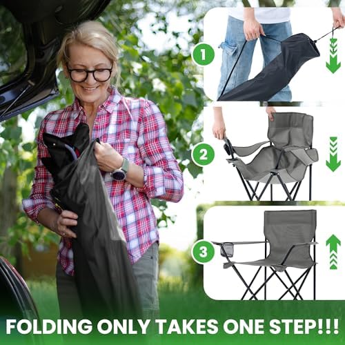 2 Pack Portable Camping Chairs Folding Lawn Chair Outdoor Lightweight Beach Chair with Cup Holder & Carry Bag for Outside Sports, Fishing, Hiking, Travel, Picnic, Backyard (Grey, Medium)