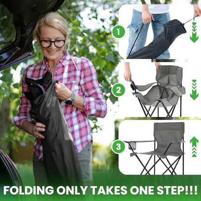 2 Pack Portable Camping Chairs Folding Lawn Chair Outdoor Lightweight Beach Chair with Cup Holder & Carry Bag for Outside Sports, Fishing, Hiking, Travel, Picnic, Backyard (Grey, Medium)
