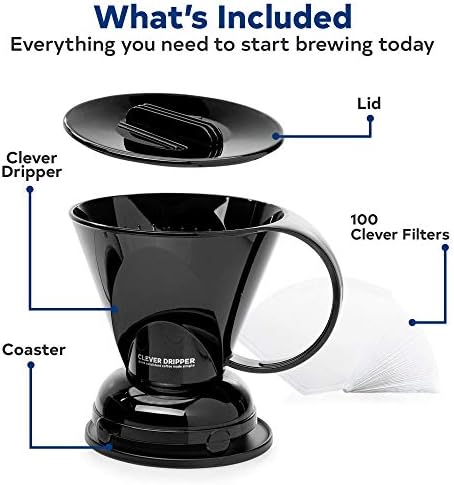 Clever Coffee Dripper | Large 18 oz | Black | BPA-Free | 100 Filters