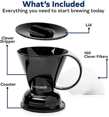 Clever Coffee Dripper | Large 18 oz | Black | BPA-Free | 100 Filters