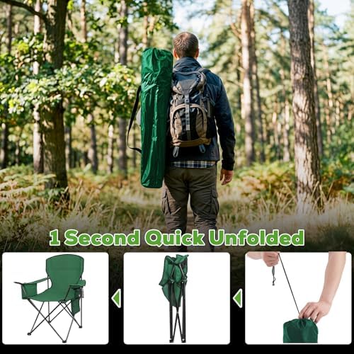 2-Pack Heavy Duty Camping Chairs, 400 LBS Capacity Folding Outdoor Chair with Cooler Bag & Cup Holder, Oversized Portable Lawn Chair for Camping, Fishing, Tailgating, Beach (Green)