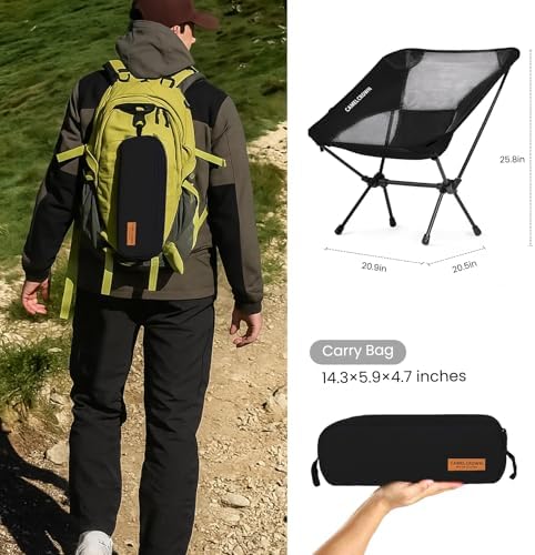CAMEL CROWN Portable Camping Chair Lightweight Compact Folding Chair Mesh for Outdoor Camp Travel Beach Picnic Festival Hiking Backpacking Black 2 Pack