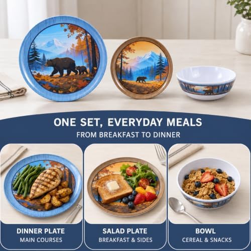 12-Piece Melamine Dinnerware Set for 4, Camping Dishes with Bear Design