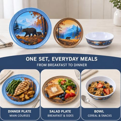12-Piece Melamine Dinnerware Set for 4, Camping Dishes with Bear Design