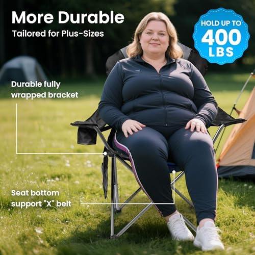 2 Pack Folding Camping Chairs for Adults - High Back Padded Outdoor Lawn Chairs with Lumbar Support & Cup Holder, 400lbs Heavy Duty Portable Camping Chairs Set (Black & Gray, 2 PCS)