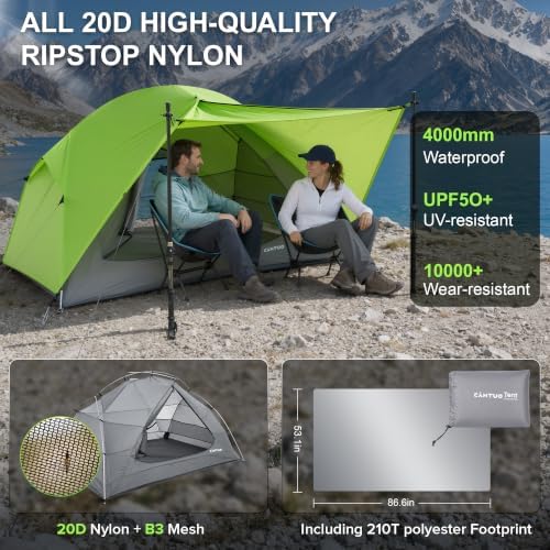 CANTUO 4 Season 2/3 Person Tent 20D Nylon Ultralight 4.34 lbs with Footprint4000mm Waterproof & Windproof Backpacking Tent Two Person Tent