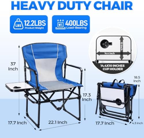 2 Pack Camping Chairs with Side Table & Cup Holder 400 lbs