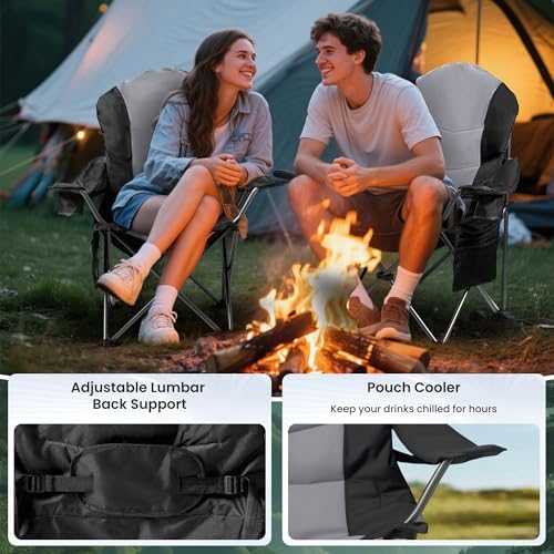 2 Pack Folding Camping Chairs for Adults - High Back Padded Outdoor Lawn Chairs with Lumbar Support & Cup Holder, 400lbs Heavy Duty Portable Camping Chairs Set (Black & Gray, 2 PCS)