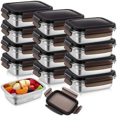 12 Pcs 12oz/ 350 ml 304 Stainless Steel Food Containers with Lid, FDA Registered Airtight Lunch Container Reusable Meal Prep Storage Box Freezer/Dishwasher Safe for Home Kitchen