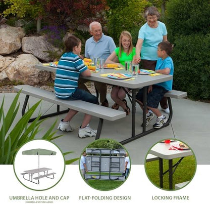 LIFETIME 6‑Foot Folding Picnic Table, Outdoor Portable Bench Seating for 8, UV‑Protected HDPE, Powder‑Coated Steel Frame, Stain‑Resistant, Folds Flat for Storage