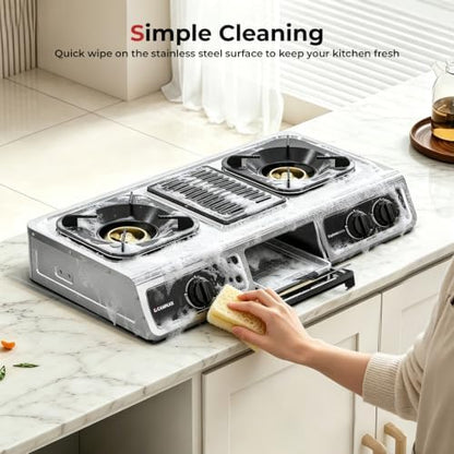 CAMPLUX 3 Burner with 1 Grill Plate Propane Gas Cooktop Stove, 26,000 BTU Stainless Steel Triple Burner Propane Cooktop for Outdoor Kitchen Cooking with CSA Regulator, Estufa de Gas Portatil