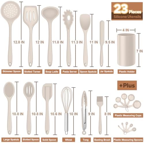 Silicone Kitchen Utensils Set, E-far 23 Pcs Khaki Cooking Utensils Tools with Holder for Nonstick Cookware, Include Spatula/Spoon/Ladle/Tongs/Turner, Heat Resistant & Nontoxic, Dishwasher Safe