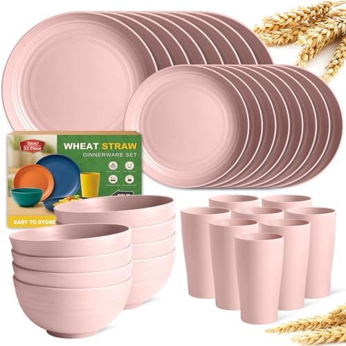 Teivio 32-Piece Plates and Bowls Sets for 8, Pink Kitchen Dinnerware Sets
