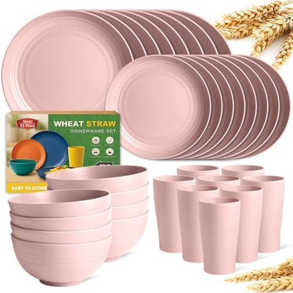 Teivio 32-Piece Plates and Bowls Sets for 8, Pink Kitchen Dinnerware Sets