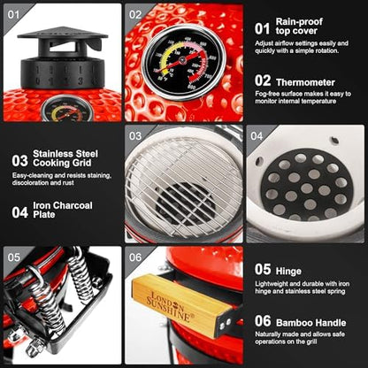 London Sunhine 13-Inch Ceramic Kamado Grill, Waterproof Vent Cap, Red