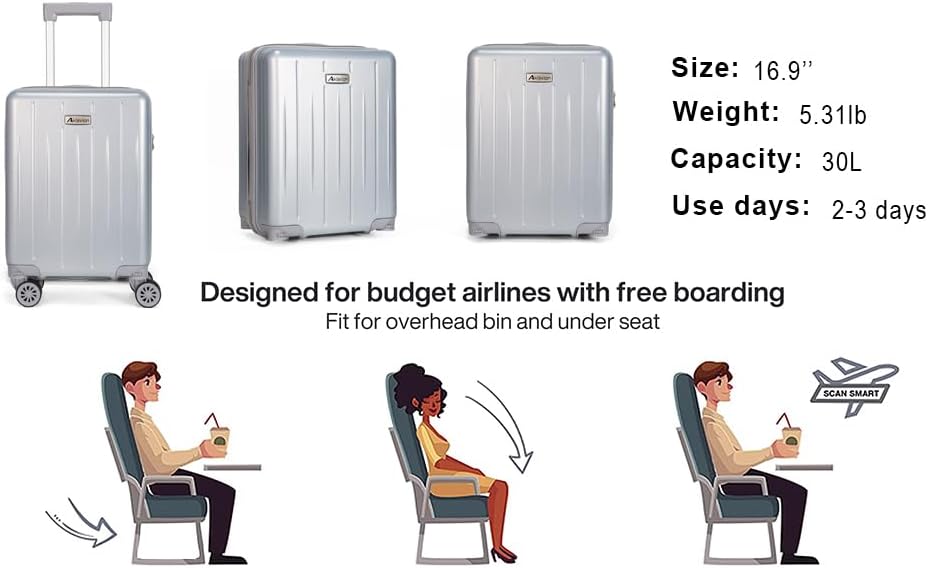 18-inch Carry-on Boarding Luggage: Equipped with Movable Wheels, TSA Approved,Under the Seat, Hard Shell Construction, Lightweight Bag with Essential Accessories (Pearl Silver)