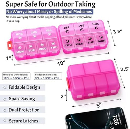 Foldable Portable 7 Day Pill Organizer 2 Times a Day, AM PM Weekly Pill Box