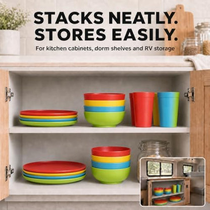 28 Piece Plates and Bowls Sets for 4, Kitchen Dinnerware Sets, Plastic