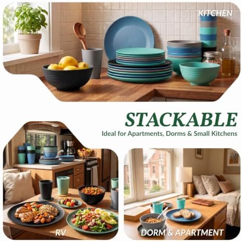 Homienly 40 Piece Premium Wheat Straw Dinnerware Sets for 8 Unbreakable Plates and Bowls Sets Microwave and Dishwasher Safe Dinner Plates Set Camping, Apartment, Kids, Outdoor, RV, Party-Nightscape