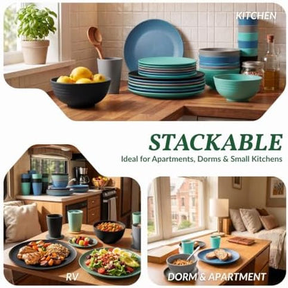Homienly 40 Piece Premium Wheat Straw Dinnerware Sets for 8 Unbreakable Plates and Bowls Sets Microwave and Dishwasher Safe Dinner Plates Set Camping, Apartment, Kids, Outdoor, RV, Party-Nightscape