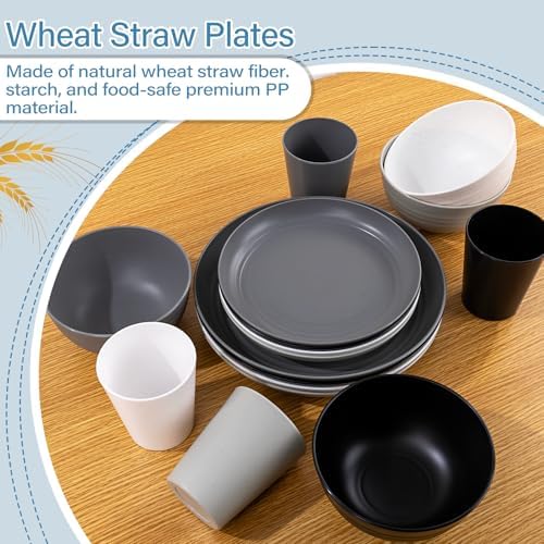 LIYH 16pcs Wheat Straw Dinnerware Sets Plastic Dinnerware Sets for 4 Plates and Bowls Sets Reusable Tableware Dish Set 8pcs Plates 4pcs Bowls 4pcs Cups Microwave Dishwasher Safe Four-color