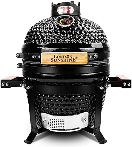 London Sunshine Ceramic BBQ Charcoal Kamado Grill 13 inch Portable Tabletop BBQ Grill with Stainless Steel Grates Black, Black
