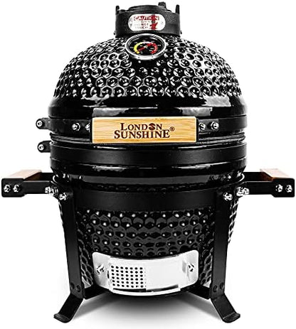 London Sunshine Ceramic BBQ Charcoal Kamado Grill 13 inch Portable Tabletop BBQ Grill with Stainless Steel Grates Black, Black