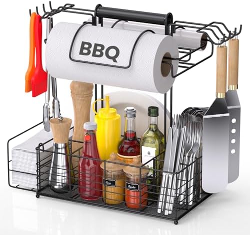 Grill Caddy for Outdoor Grill with 2 Paper Towel Holders,Barbecue Tool Sets Storage Organizer,BBQ Caddy for Outdoor Grill with 9 Compartments & 8 Hooks,Picnic Caddy Grilling Gifts for Men (16.6Inch)
