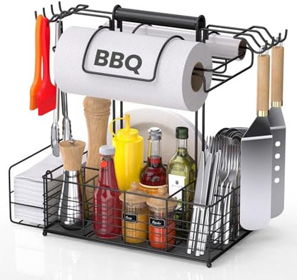 Grill Caddy for Outdoor Grill with 2 Paper Towel Holders,Barbecue Tool Sets Storage Organizer,BBQ Caddy for Outdoor Grill with 9 Compartments & 8 Hooks,Picnic Caddy Grilling Gifts for Men (16.6Inch)