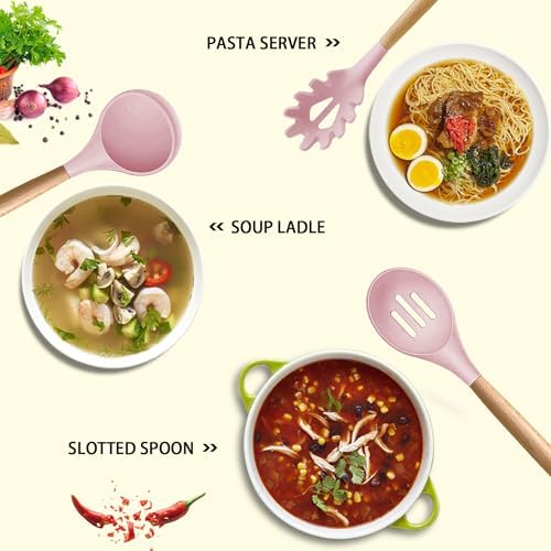 MIBOTE Silicone Cooking Kitchen Utensils Set, Wooden Handle, Pinky