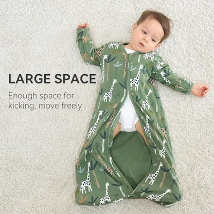 Baby Sleep Sack 6-12 Months, Long Sleeve Baby Wearable Blanket 0.5 Tog with Mittens, 2-Way Zipper Infant Cotton Sleeping Sack for Boy and Girl Green Giraffe 2 Pack (Medium)