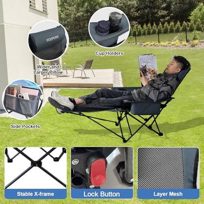 Reclining Camping Chair 4 Position with Foot Rest Comfortable for Adults 265Ibs Folding Lounger Mesh Beach Chair with Cooler Bag and Cup Holder for Outdoor Patio