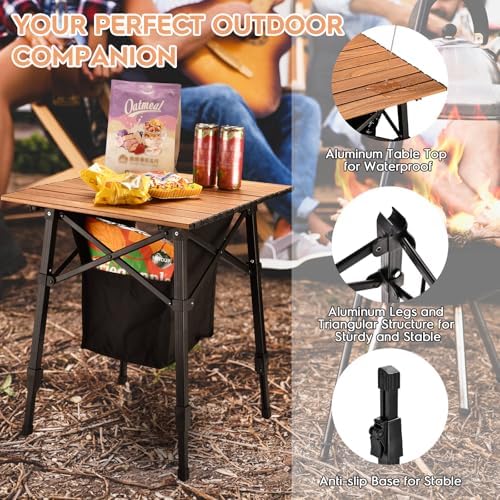 Aluminum Camping Side Table, Compact Folding Outdoor Portable Beach Small Camp Table with Carry Bag and Storage, Picnic, Hiking, Fishing, Grill(Wooden)