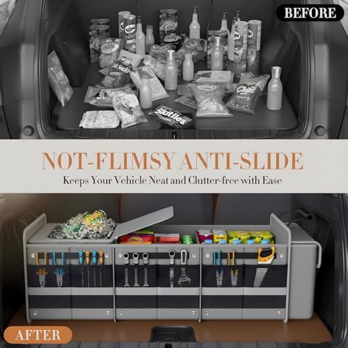 Large Trunk Organizer for SUV with Premium Portable Cooler Bag, Car Organizers and Storage with Foldable Cover, Collapsible Car Trunk Organizer for Truck, Adjustable Securing Straps, 90L+20L, Gray-C