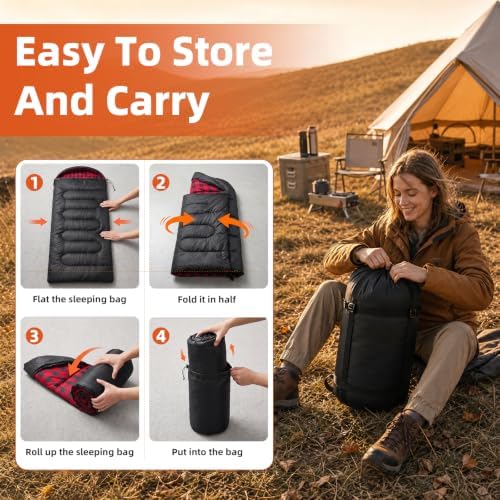 Uniqwamer Sleeping Bag for Adults Kids - 4 Seasons Cold & Warm Weather Flannel Camping Sleeping Bags, Lightweight & Waterproof 45°F Sleeping Bag for Camping Hiking Outdoor Travel