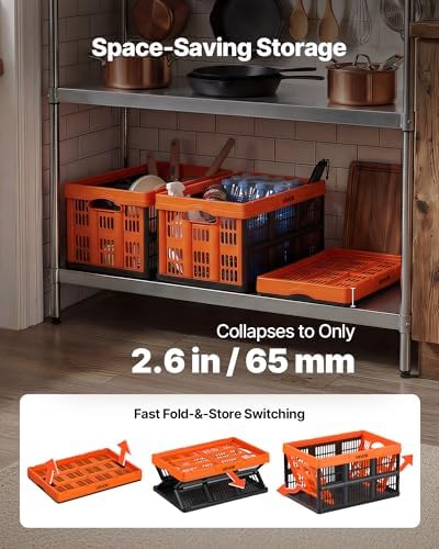 VEVOR Plastic Collapsible Storage Bins, 45L 6 Packs, Stackable Folding Storage Crates with Handles, Holds 33 lbs Per Bin, Foldable Heavy Duty Containers, Space-Saving Baskets, for Home Organizing